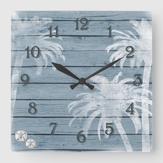 Palmen und Sand Dollars Blue Rustic Wood Beach Quadratische Wanduhr (Vorderseite)