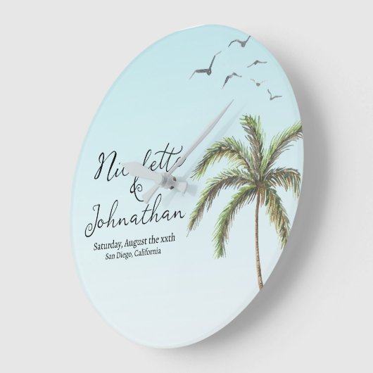 Palmen und Vögel einfache Hochzeit am Strand Große Wanduhr (Winkel)