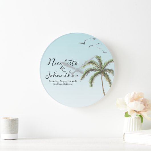 Palmen und Vögel einfache Hochzeit am Strand Große Wanduhr (Zuhause)