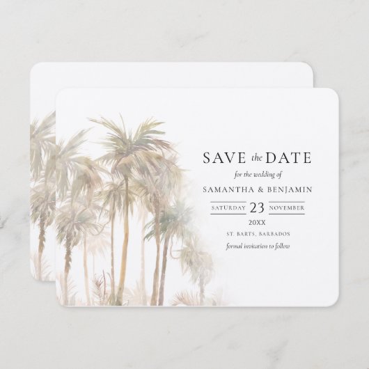 Palmen Wasserfarbener Küstenabschnitt Zielort Save The Date (Vorne/Hinten)