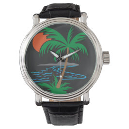 Palmenbaum am Fluss | Tropische Sonnenuntergangsku Armbanduhr
