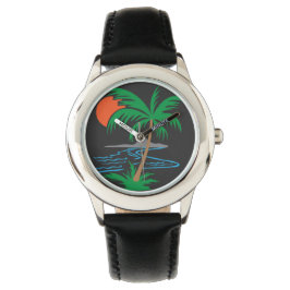 Palmenbaum am Fluss | Tropische Sonnenuntergangsku Armbanduhr