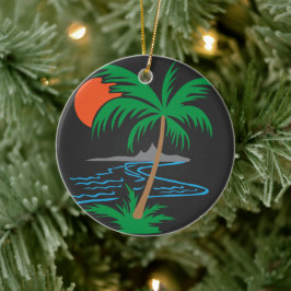 Palmenbaum am Fluss | Tropische Sonnenuntergangsku Keramik Ornament