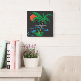 Palmenbaum am Fluss | Tropische Sonnenuntergangsku Quadratische Wanduhr
