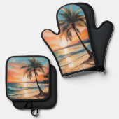 Palmenbaum am tropischen Strand bei Sonnenuntergan Ofenhandschuh & Topflappen-Set (Vorderseite/Rückseite)