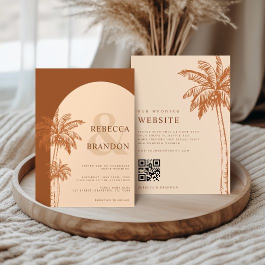 Palmenbaum Boho-Strand-Terrakotta-QR-Code-Hochzeit Einladung