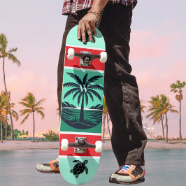 Palmenbaum-Schildkröte-Silhouette Rot Grün Initial Skateboard