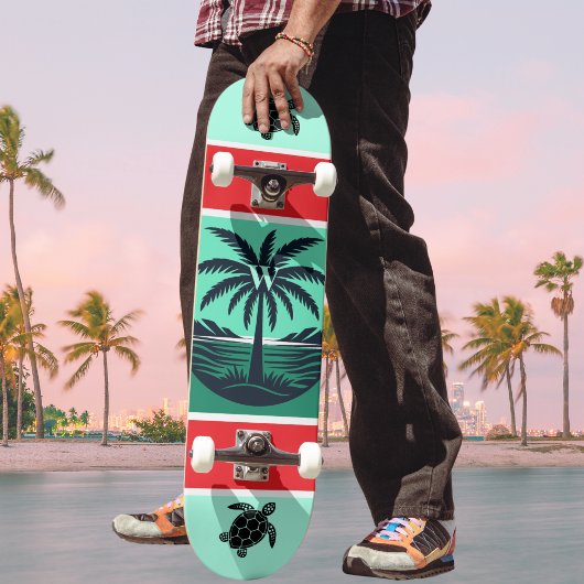 Palmenbaum-Schildkröte-Silhouette Rot Grün Initial Skateboard