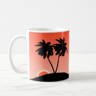 Palmenbaum-Silhouette gegen einen orangen Sonnenun Kaffeetasse