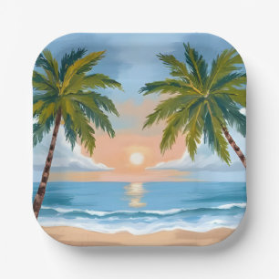 Palmenbaum Sonnenuntergang Tropische Strandhochz Pappteller