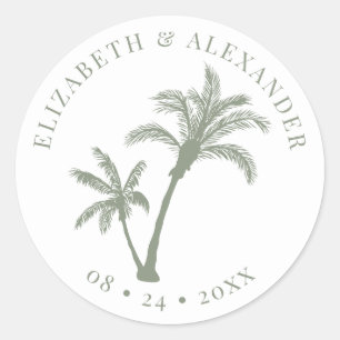 Palmenbaum Tropische Strandhochzeit Salbeigrün Runder Aufkleber