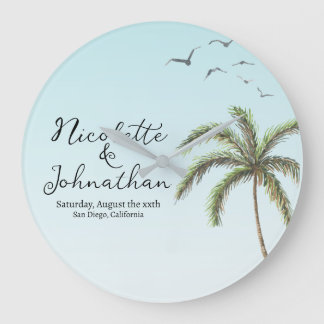 Palmenbaum und Vögel Einfache Strandhochzeit Große Wanduhr