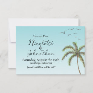 Palmenbaum und Vögel Einfache Strandhochzeit Save The Date