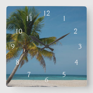 Palmenbaum und weißer Sandstrand  2 Quadratische Wanduhr