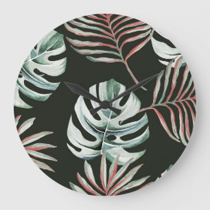 Palmenbäume, Monstera: tropische Wasserfarbe. Große Wanduhr