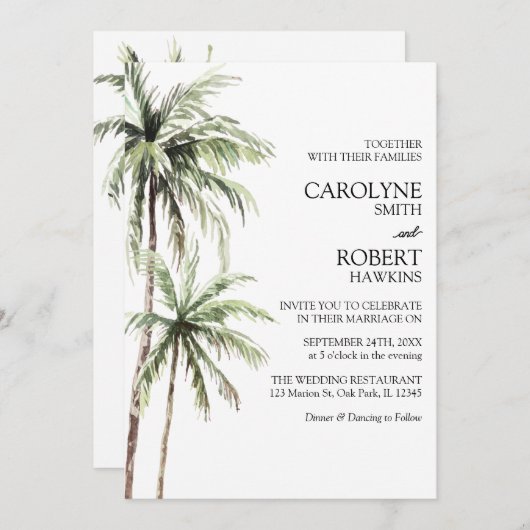 Palmenbäume tropische Wasserfarben auf einer Hochz Einladung (Vorne/Hinten)