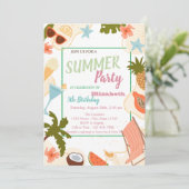 Palmenblatt, Blumen, Früchte Sommer Geburtstag Einladung (Stehend Vorderseite)