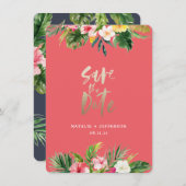 Palmenblatt und Goldschrift mit Blütenblättern Save The Date (Vorne/Hinten)