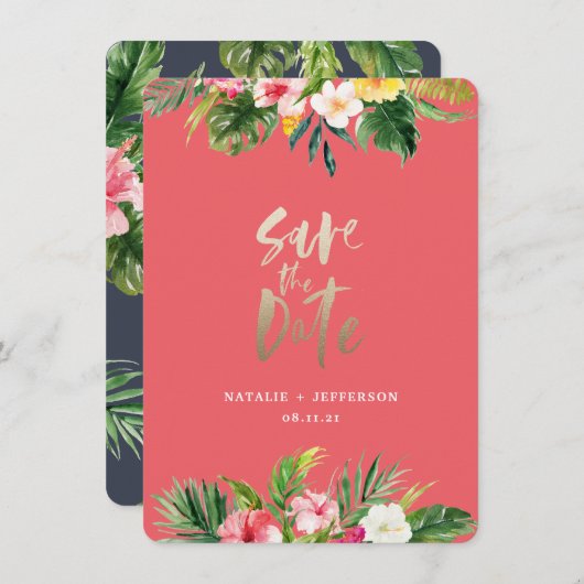 Palmenblatt und Goldschrift mit Blütenblättern Save The Date (Vorne/Hinten)