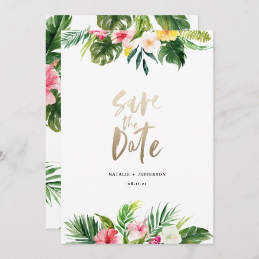 Palmenblatt und Goldschrift mit Blütenblättern Save The Date (Vorne/Hinten)