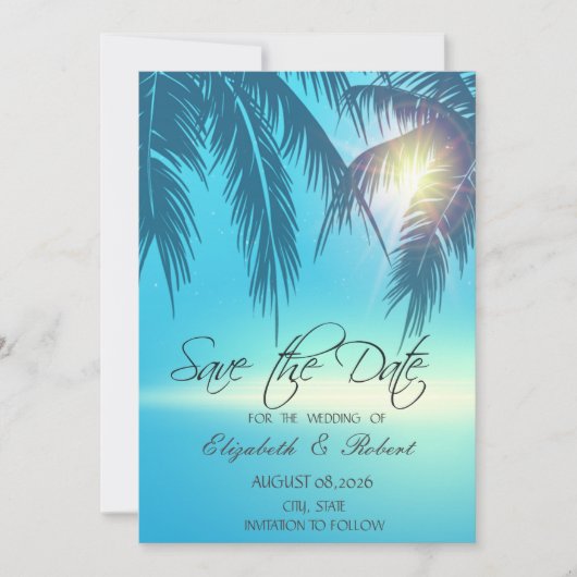 Palmenblätter Strand Blau Termin merken Save The Date (Vorderseite)