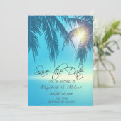 Palmenblätter Strand Blau Termin merken Save The Date (Stehend Vorderseite)