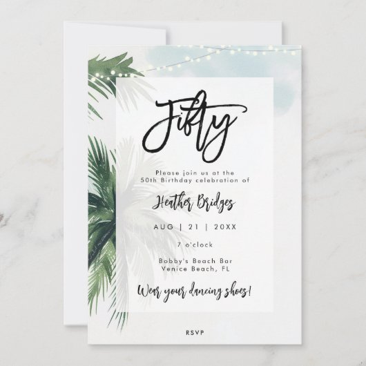 Palmenlichter 50. Geburtstagsparty Einladung (Vorderseite)