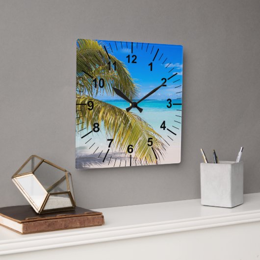 Palmenstrand-Themen-Wanduhr Quadratische Wanduhr (Büro)