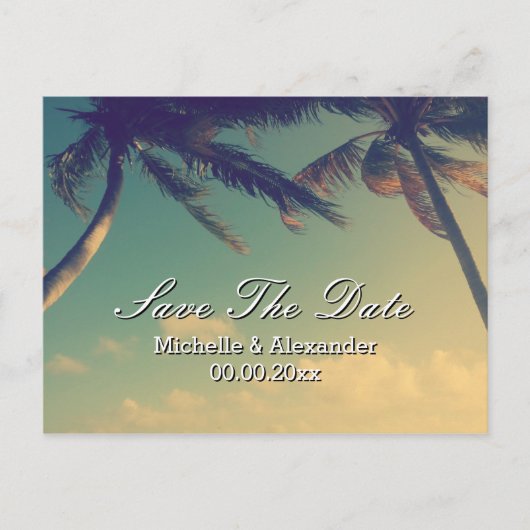 Palmenstrandhochzeit Save the Date Postkarten (Vorderseite)