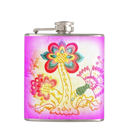 Palmflasche im Stile eines rosa Hippie Flachmann (Vorderseite)