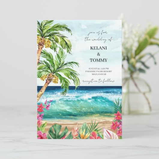 Palmparadies | Tropische Hochzeit in Urlaubsort Einladung (Stehend Vorderseite)
