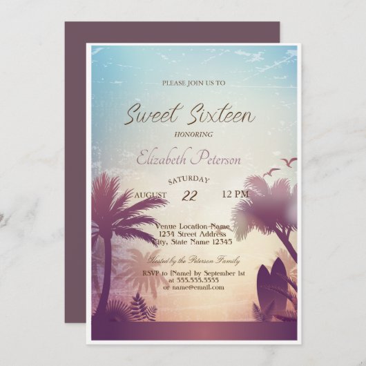Palms Beach Surfboard Sweet 16 Party Einladung (Vorne/Hinten)