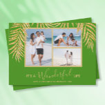 Palms Foto Collage Weihnachtskarten Feiertagskarte<br><div class="desc">Drei Fotos mit Imitaten goldenen Glitzer-Palmen-Fronten auf einem weihnachtgrünen Hintergrund (siehe mehr Farben in unserem Geschäft), diese Weihnachtsfotos Weihnachten-Karten haben "It's A Wonderful Life", oder jeder Gruß, den Sie wählen, und Ihre Namen unten in schicker Schrift. Wählen Sie Matte für schwerstes Papier und High Definition für beste Auflösung für Foto....</div>