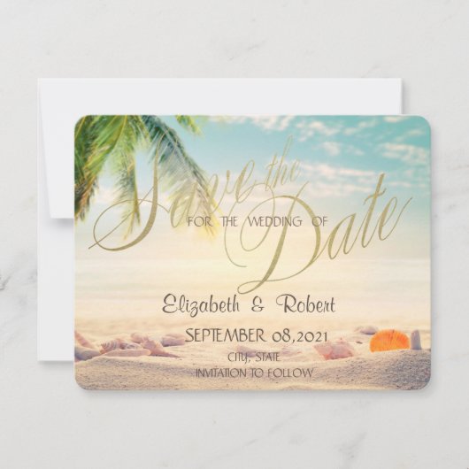 Palms Seashells Beach Hochzeit Save the Date (Vorderseite)