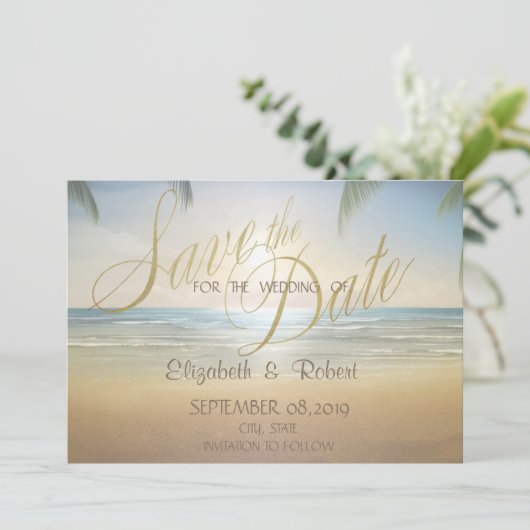 Palms Sunset Beach Hochzeit Save the Date (Stehend Vorderseite)