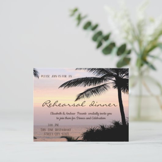 Palms Sunset Beach Probe Dinner Einladung (Stehend Vorderseite)
