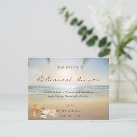 Palms Sunset Beach Seashells Probe Dinner Einladung (Stehend Vorderseite)