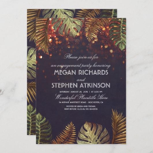 Palms und String Lights Beach Engagement Party Einladung (Vorne/Hinten)