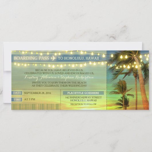 Palms Wedding Boarding Pass Tickets für String Lig Einladung (Vorderseite)