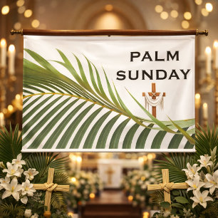 Palmsonntagskreuz mit grüner Palmwedel Banner