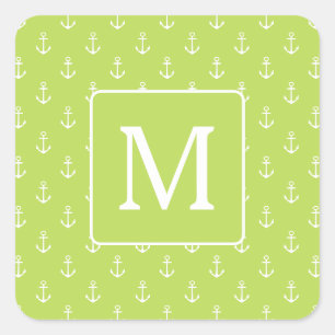 Palmwedel-Grün und weiße Anker-Monogramm Quadratischer Aufkleber
