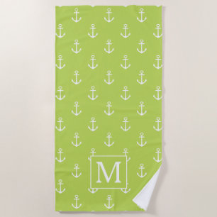 Palmwedel-Grün- und Weiße-Anker-Monogramm Strandtuch