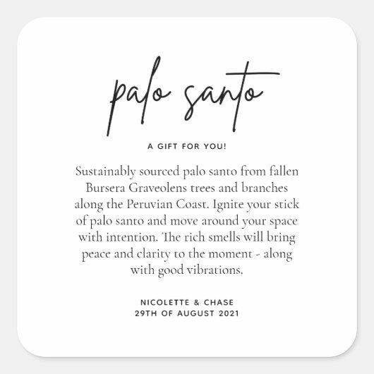 Palo Santo Gastgeschenk Hochzeit Quadratischer Aufkleber (Vorderseite)