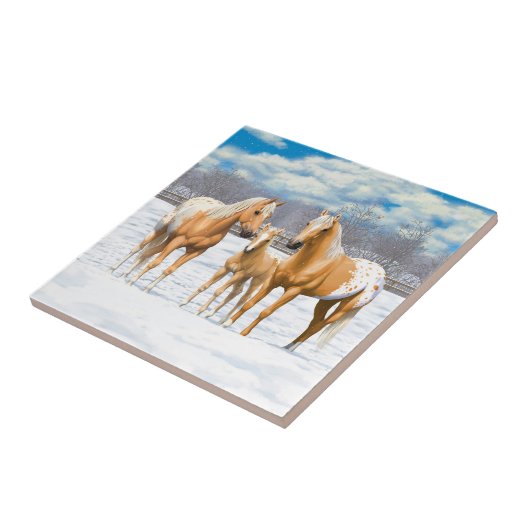 Palomino Appaloosa Pferde im Schnee Fliese (Seite)