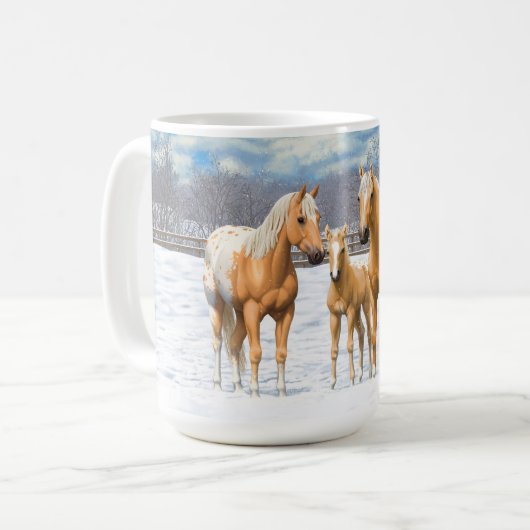 Palomino Appaloosa Pferde im Schnee Kaffeetasse (Vorderseite Links)