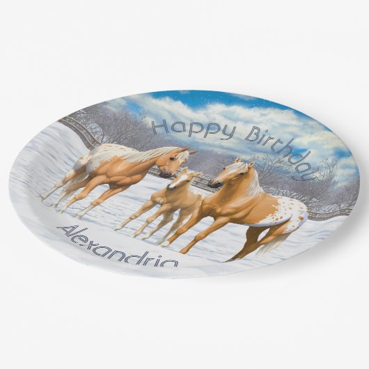 Palomino Appaloosa Pferde im Schnee Pappteller (Schrägansicht)