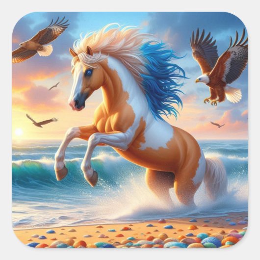 Palomino Paint Horse Ocean Quadratischer Aufkleber (Vorderseite)
