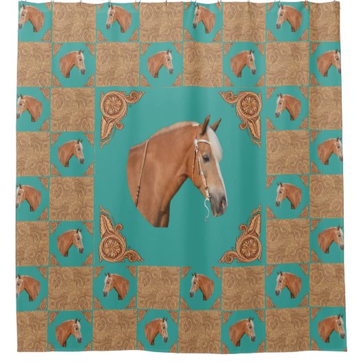 Palomino Pferd mit Lederdruck und Türkis Duschvorhang (Vorderseite)