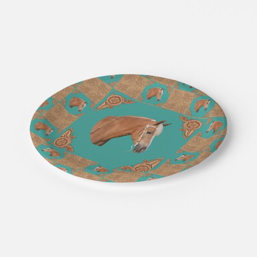Palomino-Pferd mit ledernem Druck-Western-Party Pappteller (Schrägansicht)