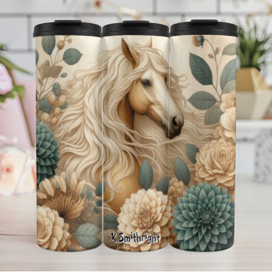 Palomino Pferd unter Creme Blume Thermosbecher